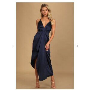 Lulus Caught Feelings Navy Blue Satin Ruffled Midi Dress